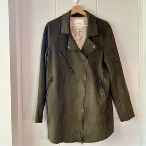 Anthropologie Olive Green Faux Leather/ Suede Longline Moto Jacket size medium
